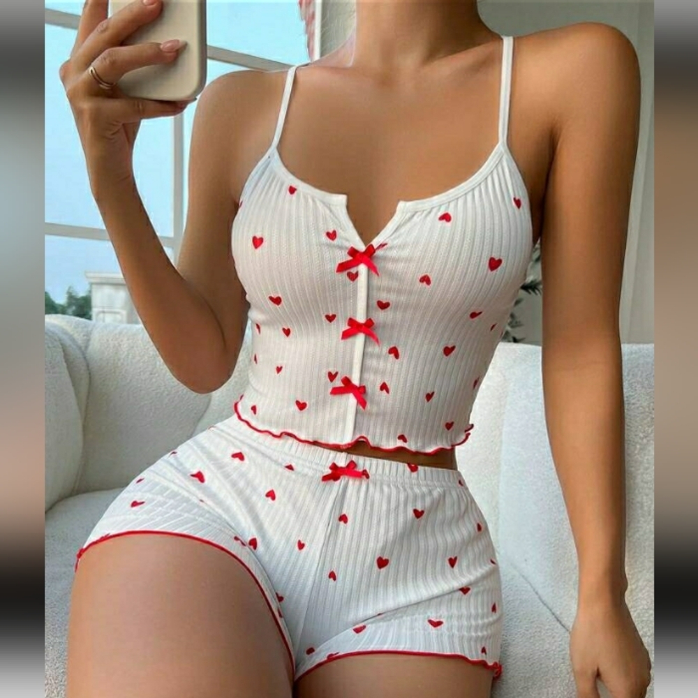 SHEIN Women's Heart Print Pajama Set in White and Red
